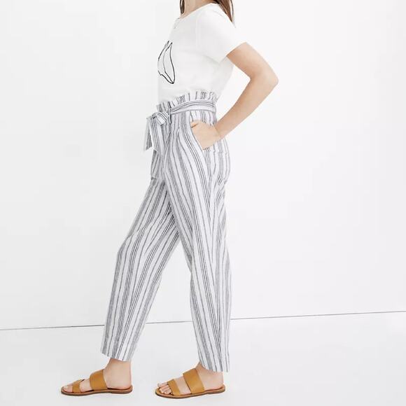 Madewell Dark Baltic Stripe Linen Cotton Paperbag Pants - Picture 2 of 11